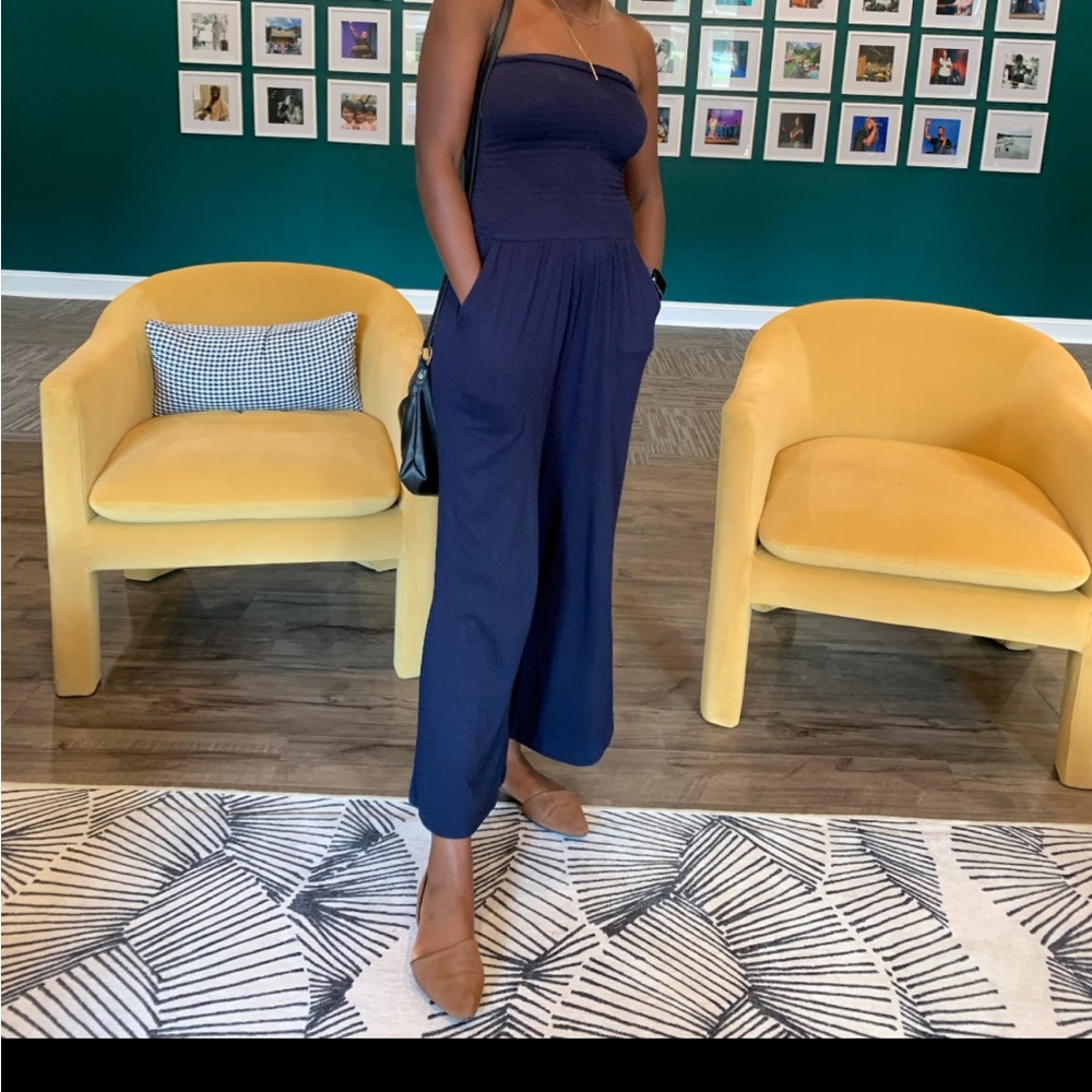Navy Blue Strapless Jumper with Pockets